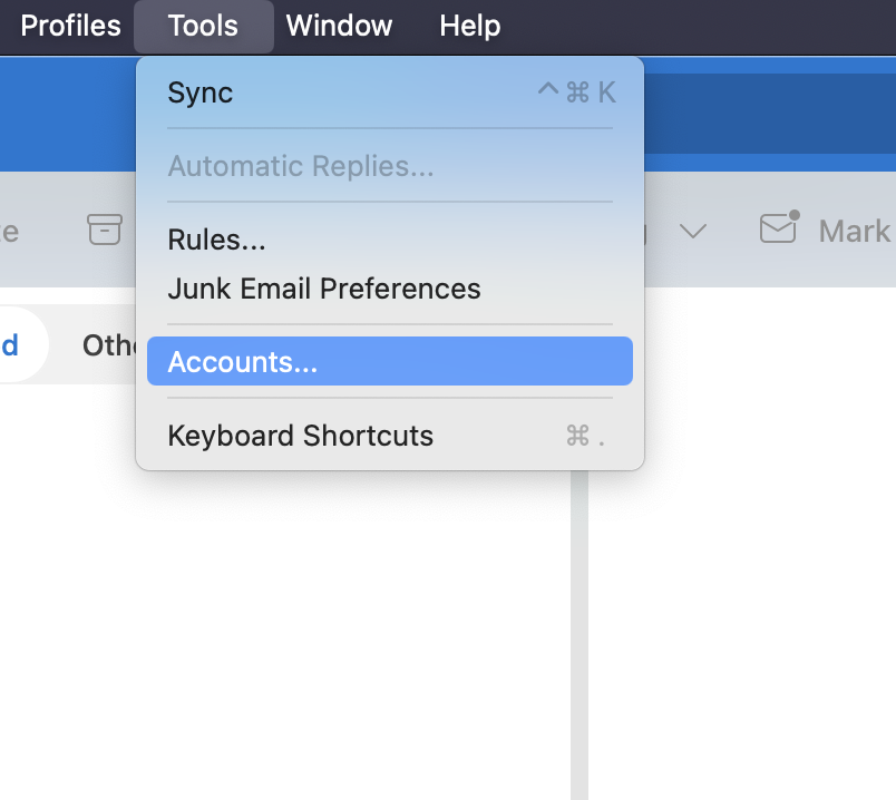 Tools Dropdown > Accounts